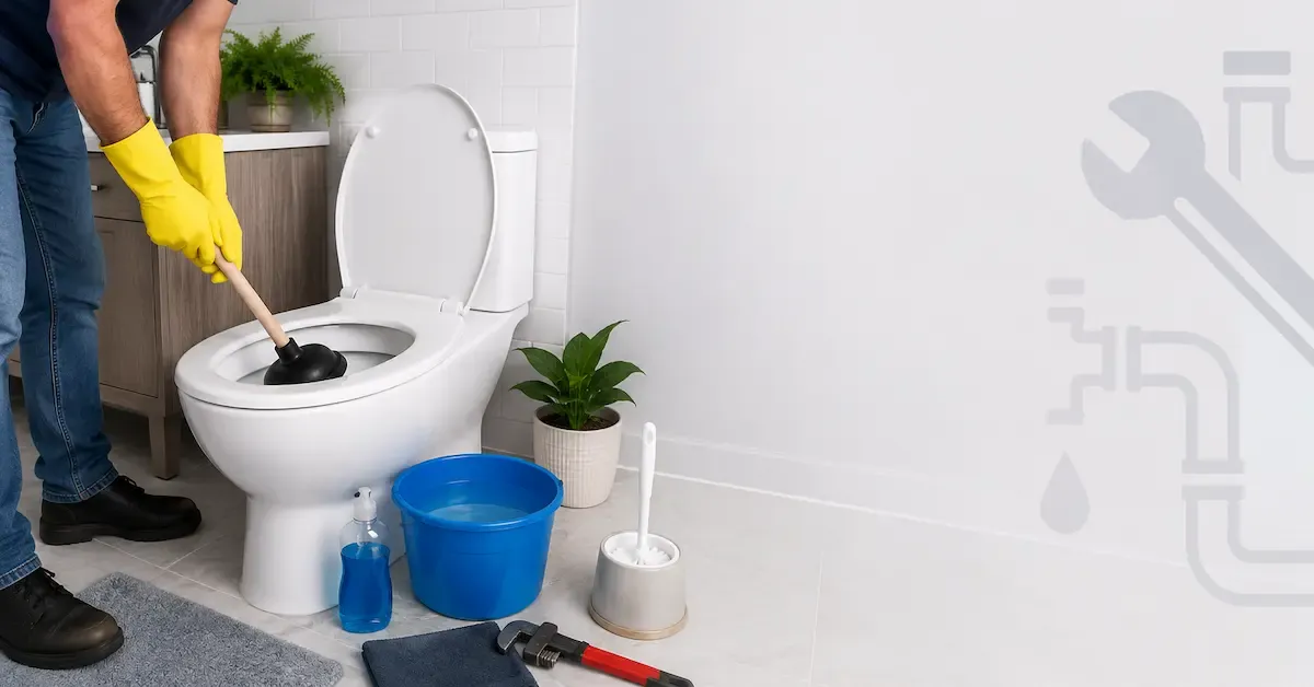 Person in yellow gloves using a plunger to unclog a white toilet, with a bucket and cleaning supplies nearby