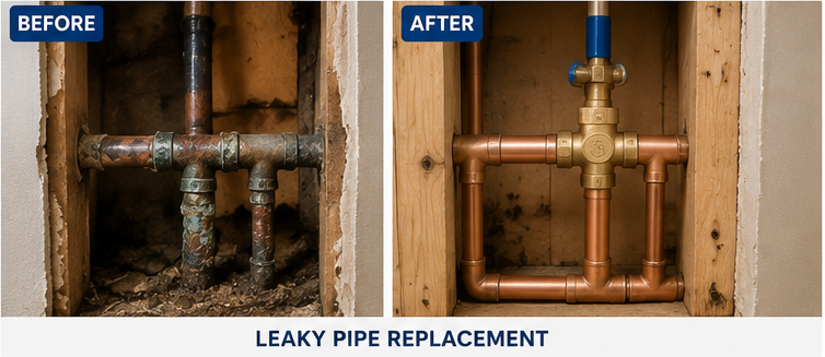 Before and after leaky pipe replacement in Wichita Falls, TX