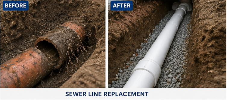 Before and after sewer line replacement in Wichita Falls, TX